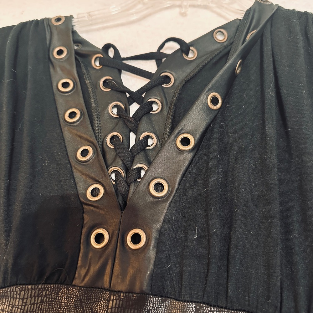Tuff Womens Tunic Dress L Black Lace Up Rhinestone Wing Faux Leather Y2K Goth